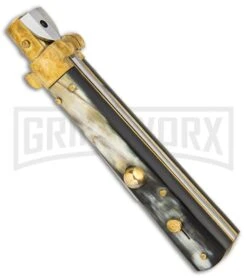 AGA Campolin 10" Brass/Dark Horn Italian Frosolone Automatic Knife - Bayonet 8 AGA Campolin 10" Brass/Dark Horn Italian Frosolone Automatic Knife - Bayonet -Aga Campolin AGA Campolin 10in Brass Dark Horn Italian Frosolone Bayonet BP 29647 er spine large