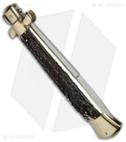 AGA Campolin 15" Auto Italian Stiletto Knife Stag Horn/Brass (7" Satin Bayo) -Aga Campolin AGA Campolin 15in Stiletto Stag Horn Brass Bayo BHQ 51321 jr side