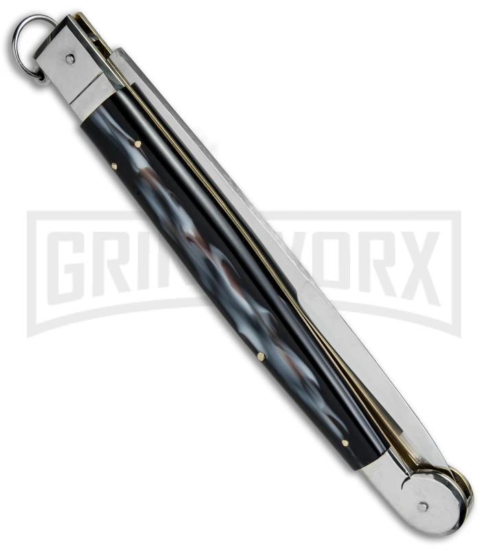 A.G.A. Campolin 16" Sim Horn Sicilian Ring Pull Automatic Knife - Satin Plain 5 A.G.A. Campolin 16" Sim Horn Sicilian Ring Pull Automatic Knife - Satin Plain - Image 3