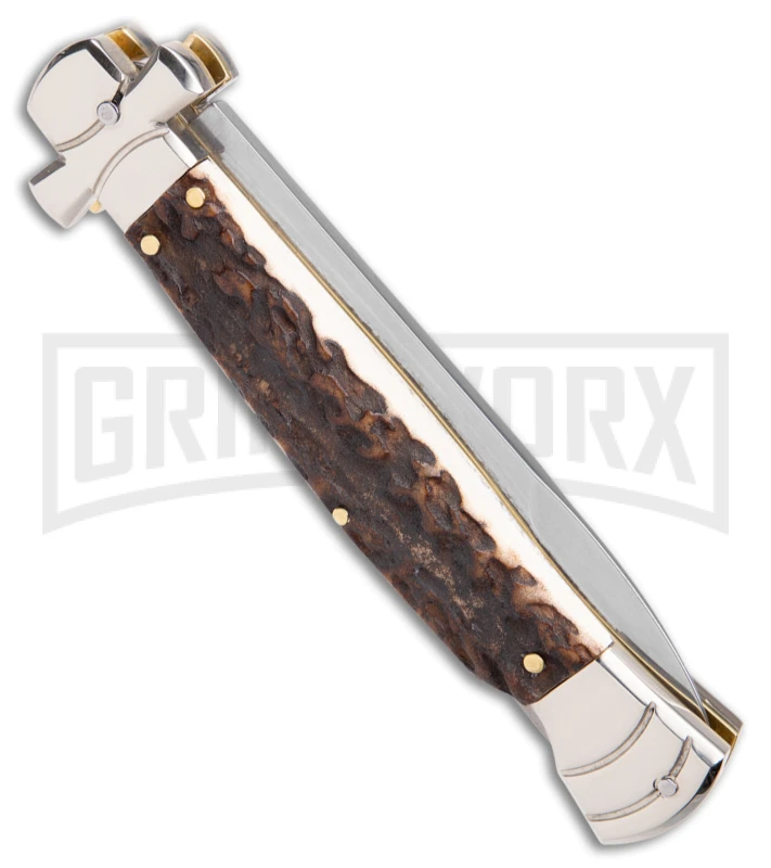 A.G.A. Campolin 9" Maltese Cross Stiletto Stag Automatic Knife - Bayonet Satin 5 A.G.A. Campolin 9" Maltese Cross Stiletto Stag Automatic Knife - Bayonet Satin - Image 3