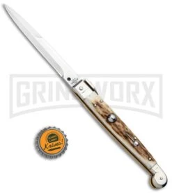 A.G.A. Campolin 9" Sicilian Stag Picklock Auto Sillito Knife - Bayonet -Aga Campolin AGA Campolin 9in Sicilian Picklock Auto Stag Horn Satin Bayo BHQ 81940 jr bottlecap large