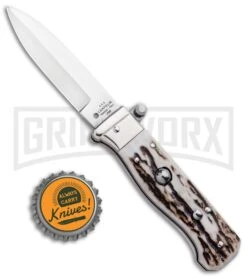 AGA Campolin Piccolo Stag Italian Automatic Knife - Satin Plain -Aga Campolin AGA Campolin Piccolo Italian Stiletto Auto Stag Satin BHQ 94619 jr bottlecap large