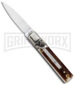 AGA 6" Mini Classic Lever Lock Stag Automatic Knife - Satin Plain