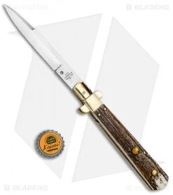 AGA Campolin 11" Frosolone Bayonet Stiletto Auto Knife Stag/Brass (5" Satin) 11 AGA Campolin 11" Frosolone Bayonet Stiletto Auto Knife Stag/Brass (5" Satin) -Aga Campolin AGA Frosolone Stag Brass 11in Bayo BP 29297 jr bottlecap