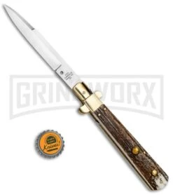 AGA Campolin 11" Frosolone Stag/Brass Stiletto Automatic Knife - Bayonet 11 AGA Campolin 11" Frosolone Stag/Brass Stiletto Automatic Knife - Bayonet -Aga Campolin AGA Frosolone Stag Brass 11in Bayo BP 29297 jr bottlecap large
