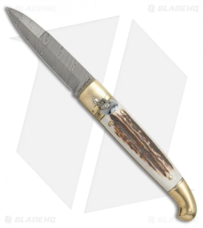 AGA Campolin Brass Lever Lock Automatic Knife Stag Horn (3.75" Damascus) 3 AGA Campolin Brass Lever Lock Automatic Knife Stag Horn (3.75" Damascus)