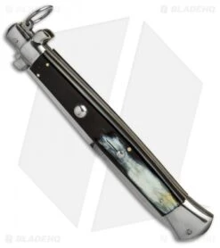 AGA Campolin 18" Ring Pull Automatic Knife Brazilian Horn (8" Satin Bayo) -Aga Campolin aga champolin 18in stiletto brazilian horn bayo BP 18398 er spine